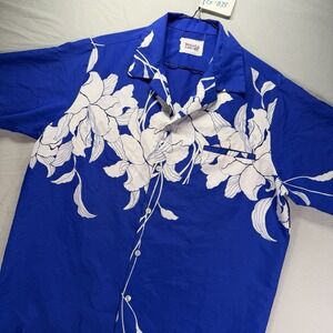 True Vintage Hawaiian Shirt Mens XL Blue Resort Line Cotton Floral Beach Travel
